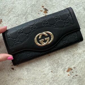 Gucci Black Embossed Leather Wallet with Gold Logo